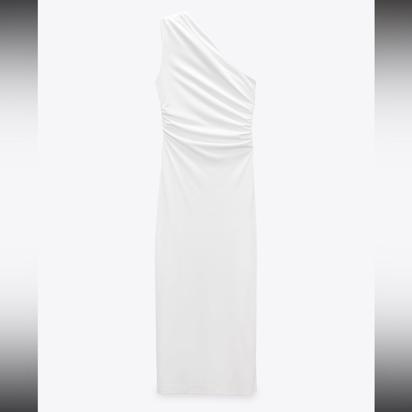 Zara Dresses & Skirts - ZARA WHITE ONE SHOULDER FITTED MIDI DRESS SIZE M